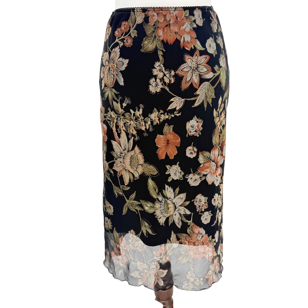 La Belle Mesh Pull On Black Floral Midi‎ Skirt Women M Vintage 90s USA  Lined